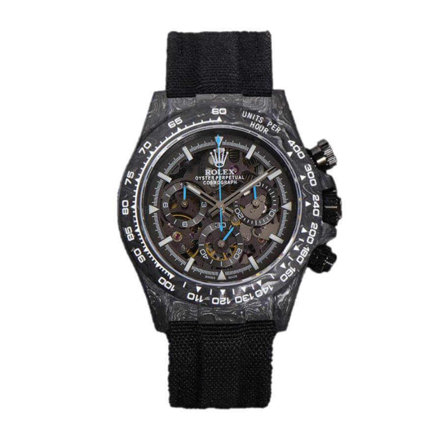 DIW-Daytona-Skeleton-Dial-in-Carbon-with-Blue-Hands-on-Black-Nylon-Strap-1- Rolex Daytona DIW Carbon Skeleton Superior Replica - Image 1